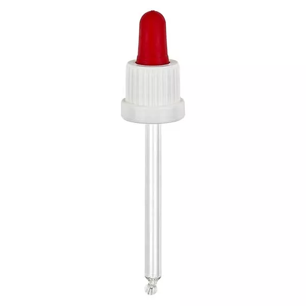 Dropp-pipett av glas vit/röd 18mm PL85 med säkerhetsförslutning Dropp-pipett av glas vit/röd 18mm PL85 med säkerhetsförslutning