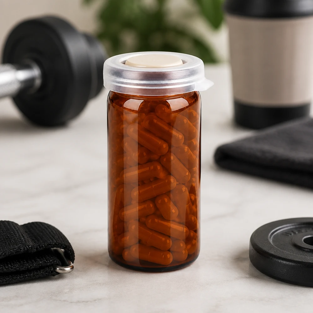 Brunt apoteksglas på 10 ml med snäpplock och orange kapslar framför en hantelbänk och träningsutrustning