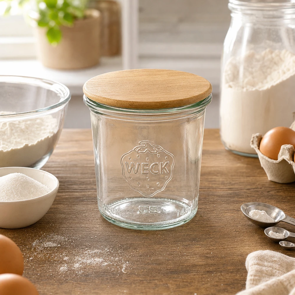 WECK 140 ml RR60 murarburk med trälock i bakningskök med mjöl, ägg och bakingredienser för förvaring