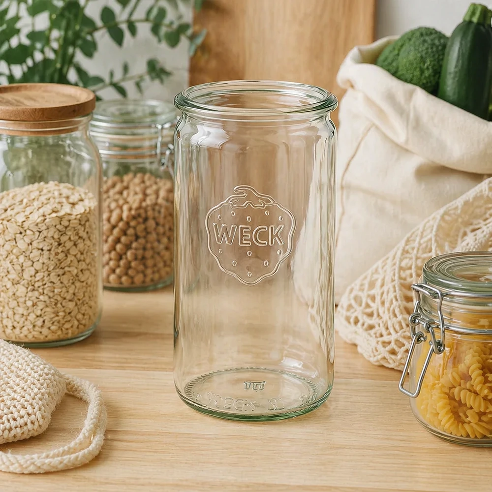 340 ml cylindrisk glasburk WECK RR60 WECK cylinderburk 340ml RR60 i hållbart avfallsfritt kök med förvaringsburkar och bomullspåsar