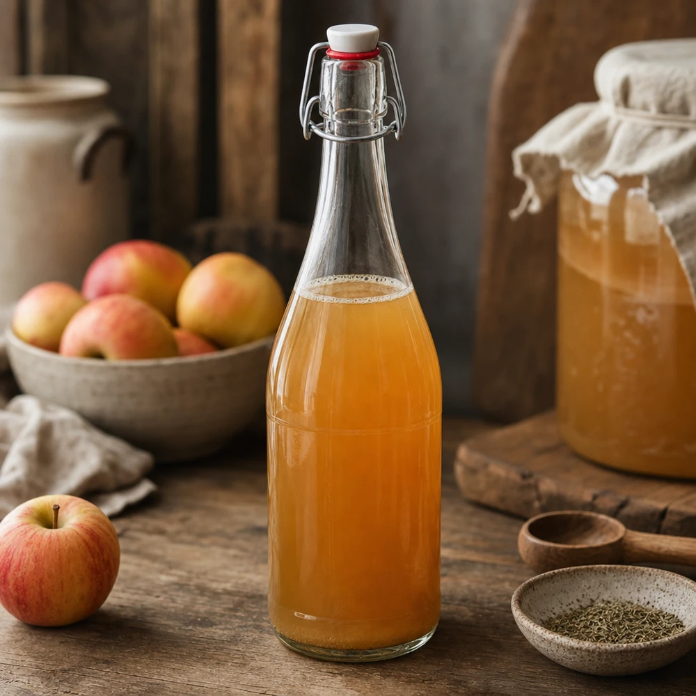 750 ml glasflaska med svängbar topp fylld med äppeljuice rustikt kök frukt träbord naturligt hemlagad