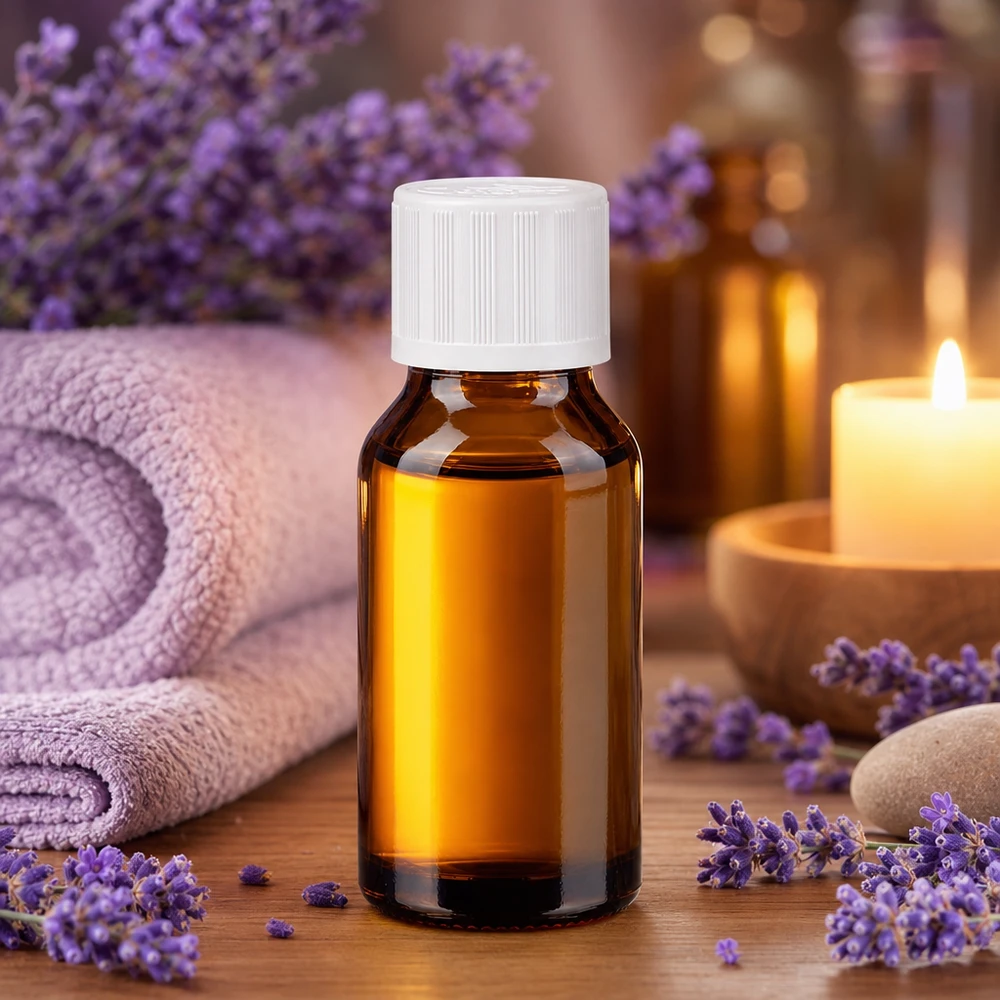 Brun glasflaska på 30 ml med vitt barnsäkert lock bredvid lavendelblommor och ett ljus