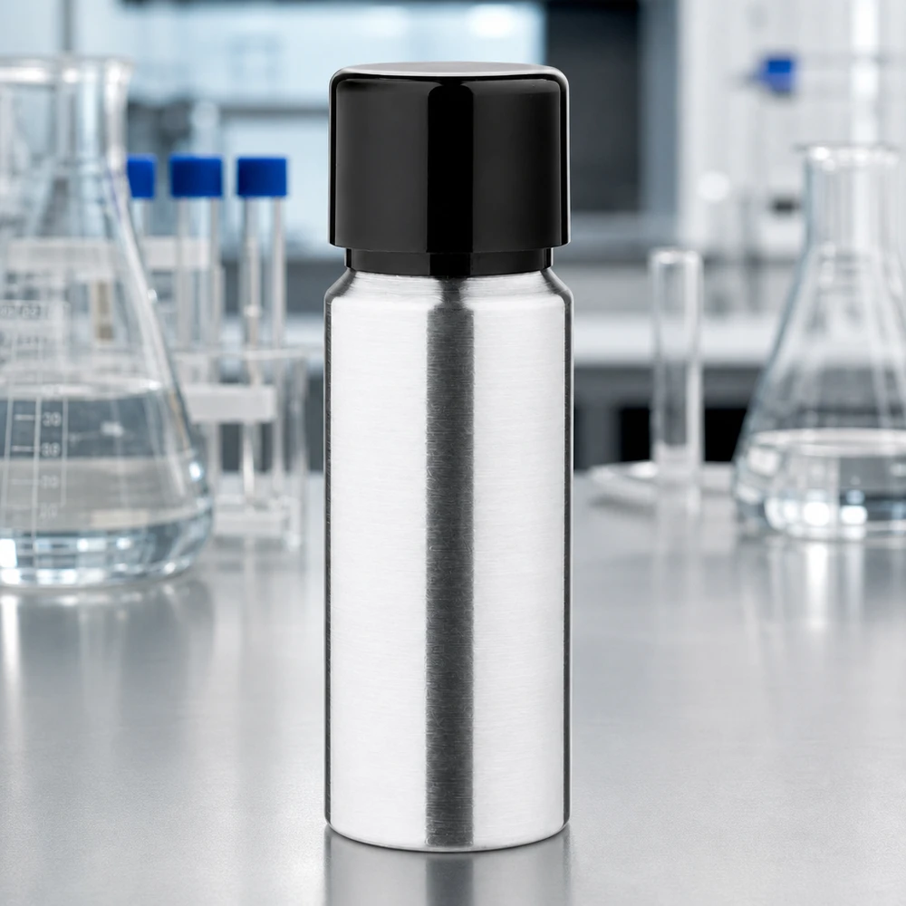20ml polerad aluminiumflaska med skruvkork Elegant 20 ml aluminiumflaska med glänsande metallyta och svart lock för premiumprodukter