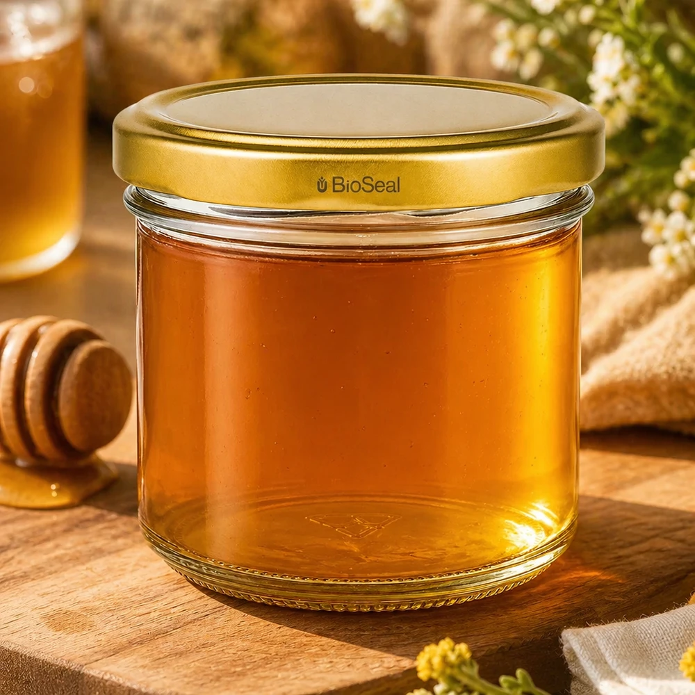 125 ml Krossade glasögon med UNiTWIST BioSeal-lock i guld UNiTWIST-glas 125 ml fyllda med honung - gyllene TO66 BioSeal-lock på träbräda med honungssked