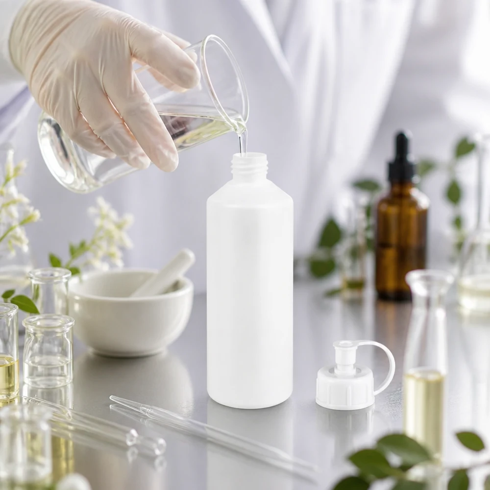 Laboratorietekniker fyller en vit 100 ml HDPE-apotekflaska med hjälp av en pipett och ett bägarglas
