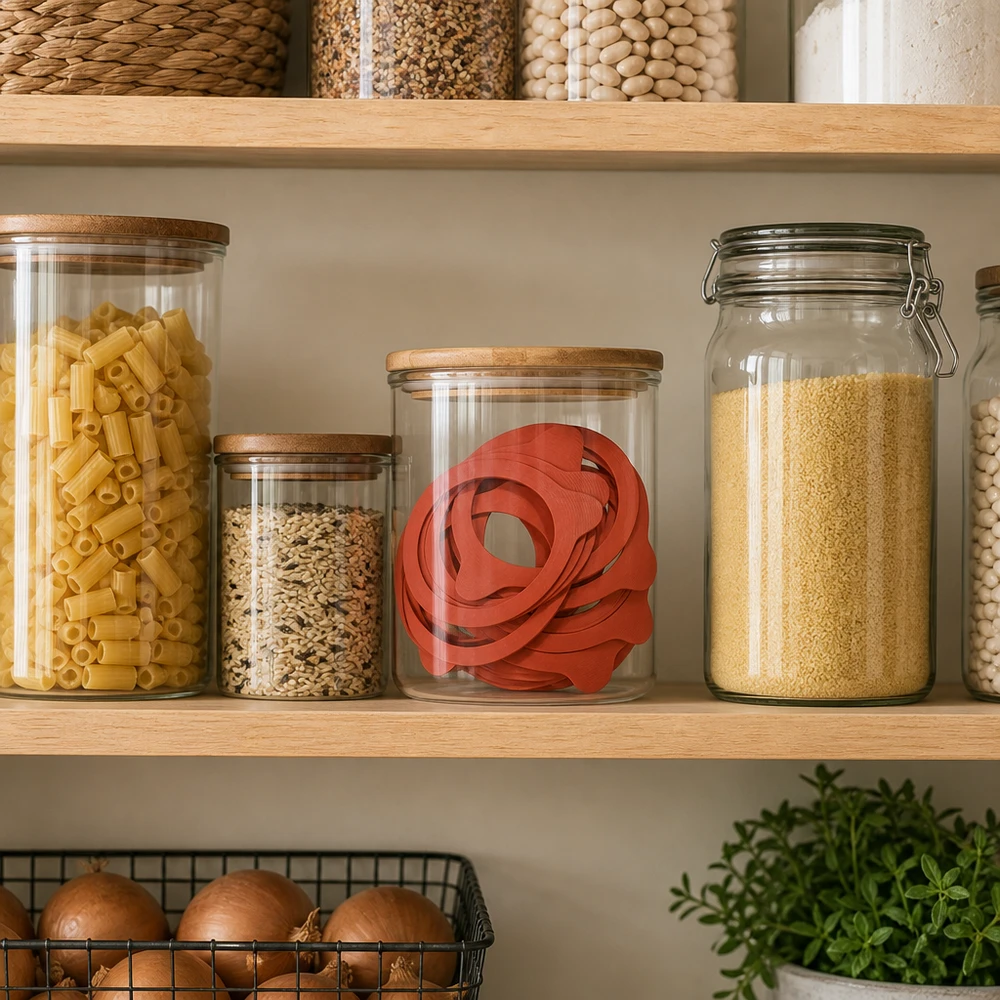 Konserveringsring av naturgummi RR100 Rote Einkochringe RR100 in Vorratsglas mit Holzdeckel zwischen Küchen-Vorräten auf modernen Holzregalen
