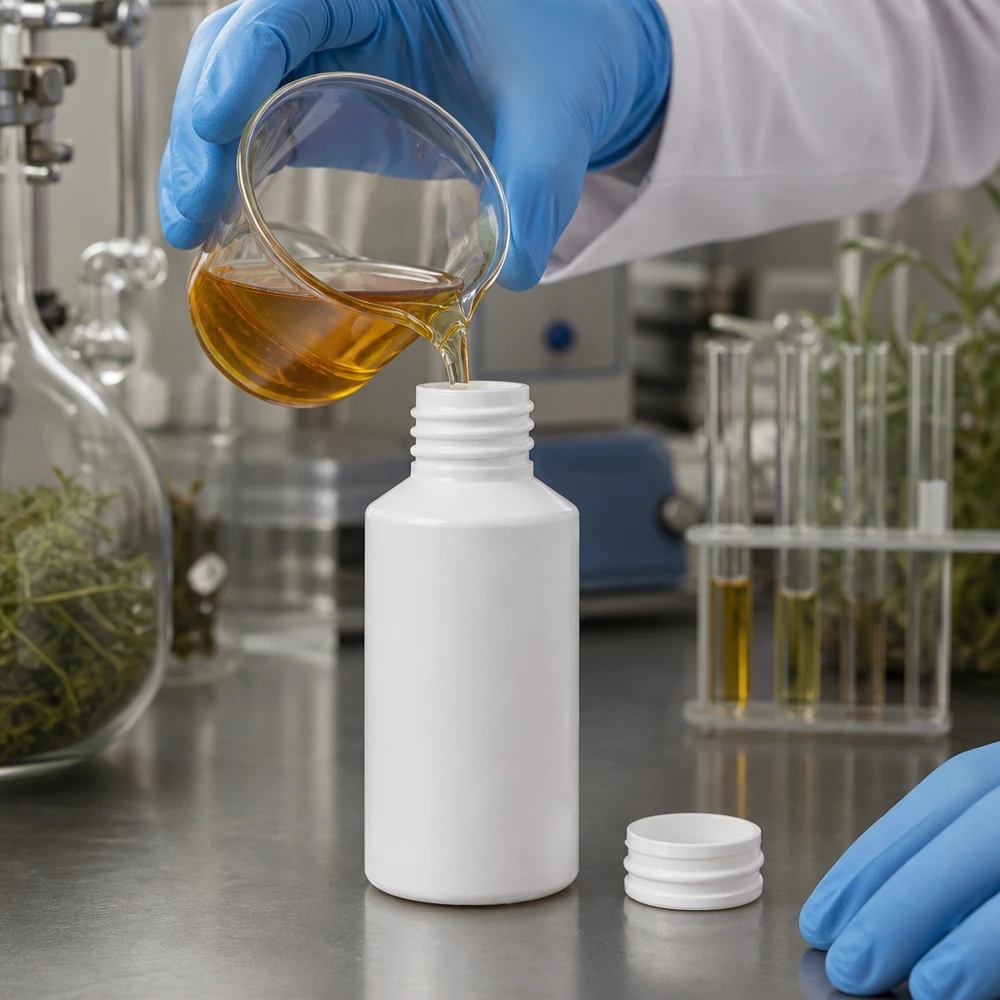 Apoteksflaska HDPE 50ml vit, utan lock En vit 50 ml HDPE-flaska utan lock fylls i laboratoriet med ett guldfärgat växtextrakt