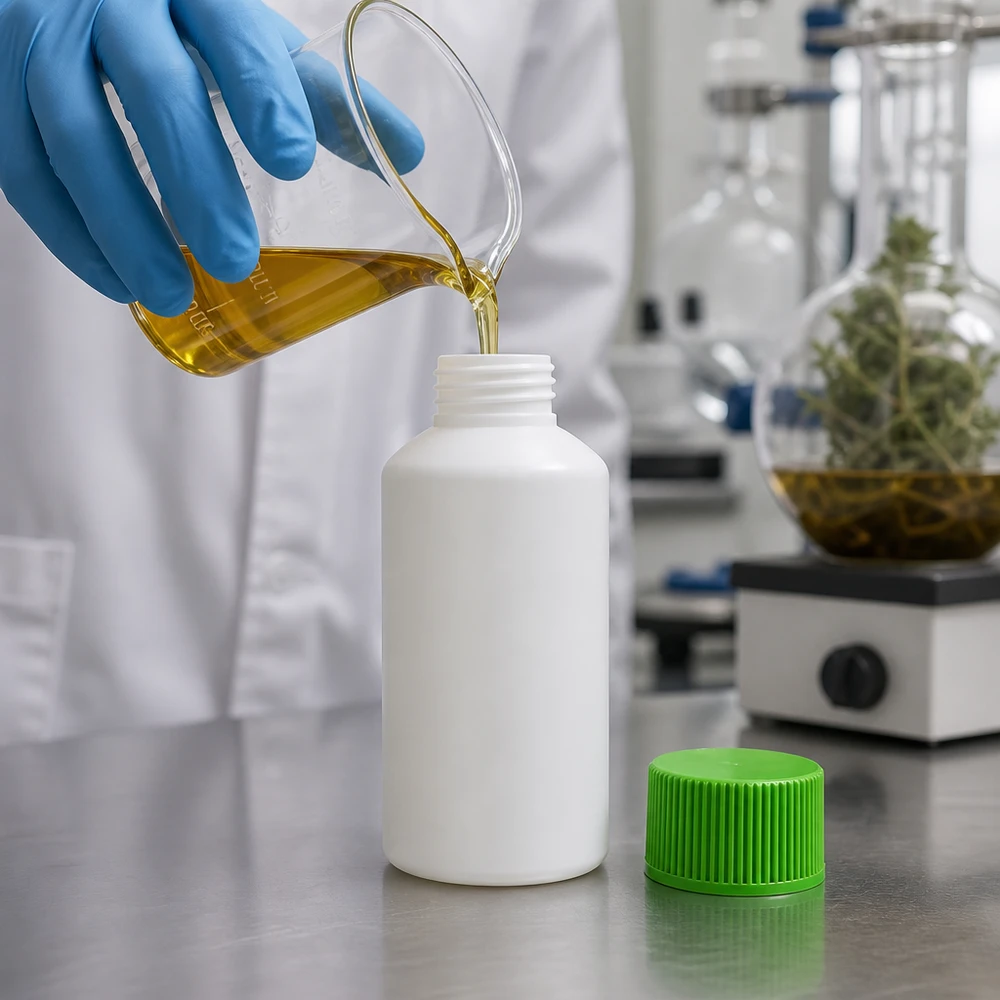 Liten laboratorieflaska, 50 ml, HDPE, vit, med grönt barnsäkert lock