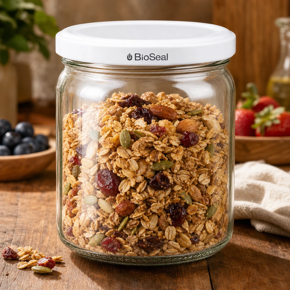 408 ml rund burk med vitt BioSeal-lock UNiTWIST UNiTWIST Runda408 burk fylld med müsli - praktisk matförvaring med BioSeal-förslutning
