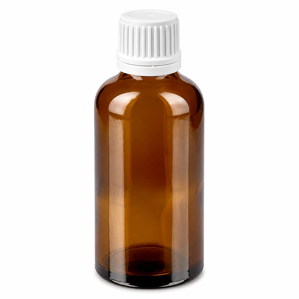50 ml bärnstensfärgad glasflaska med vitt skruvlock för läkemedel och kosmetika