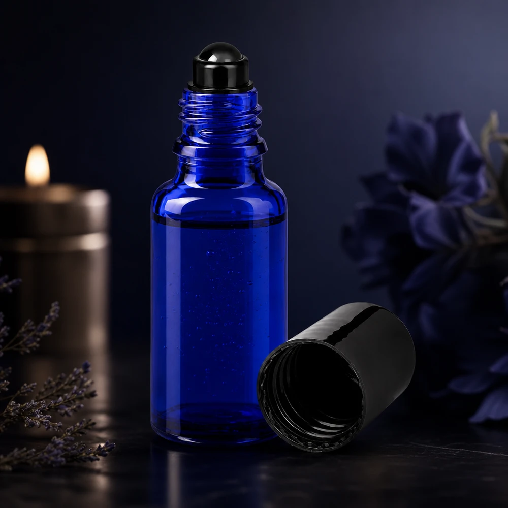 Apoteksflaska blå 20ml roll-on lock svart Liten 20 ml apotekarflaska i blått med rullapplikator och avtagbart svart lock