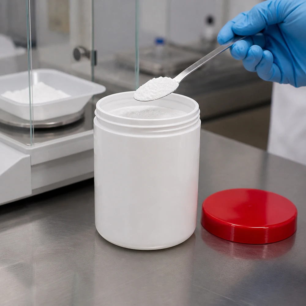 Salvburk 75g vit med rött skruvlock (polypropylen) Vit PP-plastburk på 75 g med rött skruvlock för farmaceutisk fyllning