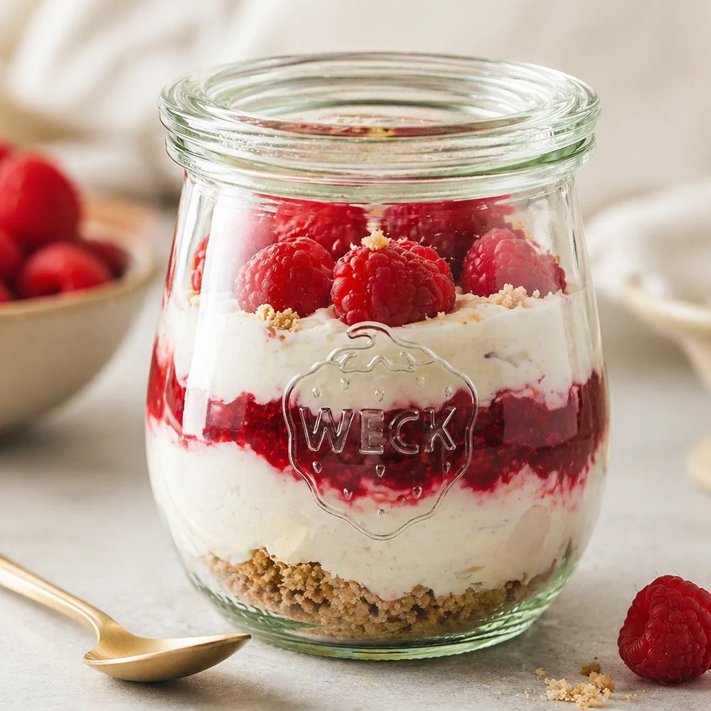 220 ml tulpanformad burk med glaslock, WECK RR60 WECK tulpanburk 220ml RR60 som en dessertburk fylld med hallon och grädde bredvid en gyllene sked på ett marmorbord