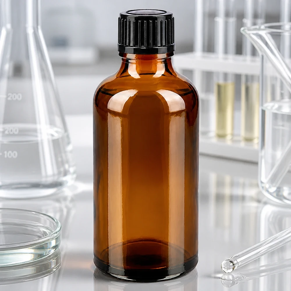 Ljusskyddsflaska på 50 ml av brunt glas med svart plastlock i laboratoriemiljö