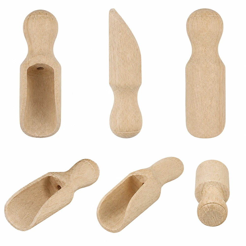 Träskopa storlek XS halvcirkelformad - 52mm lång Träspade XS-set från olika vinklar visar halvcirkelform och hantverksskicklighet tillverkad av naturligt trä