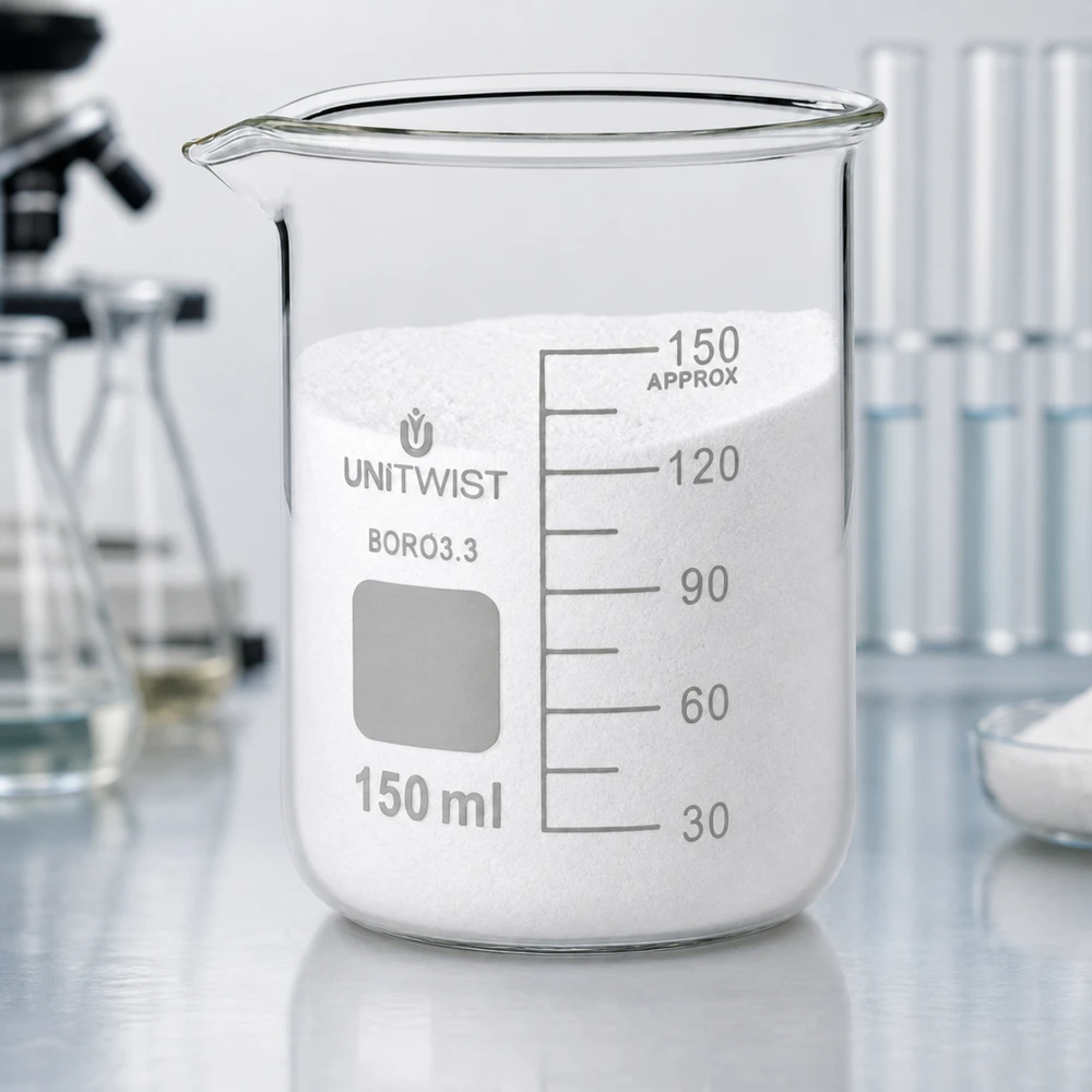 UNiTwist bägare, 150 ml, borosilikatglas 3.3, låg form, fylld med vitt pulver i laboratoriet