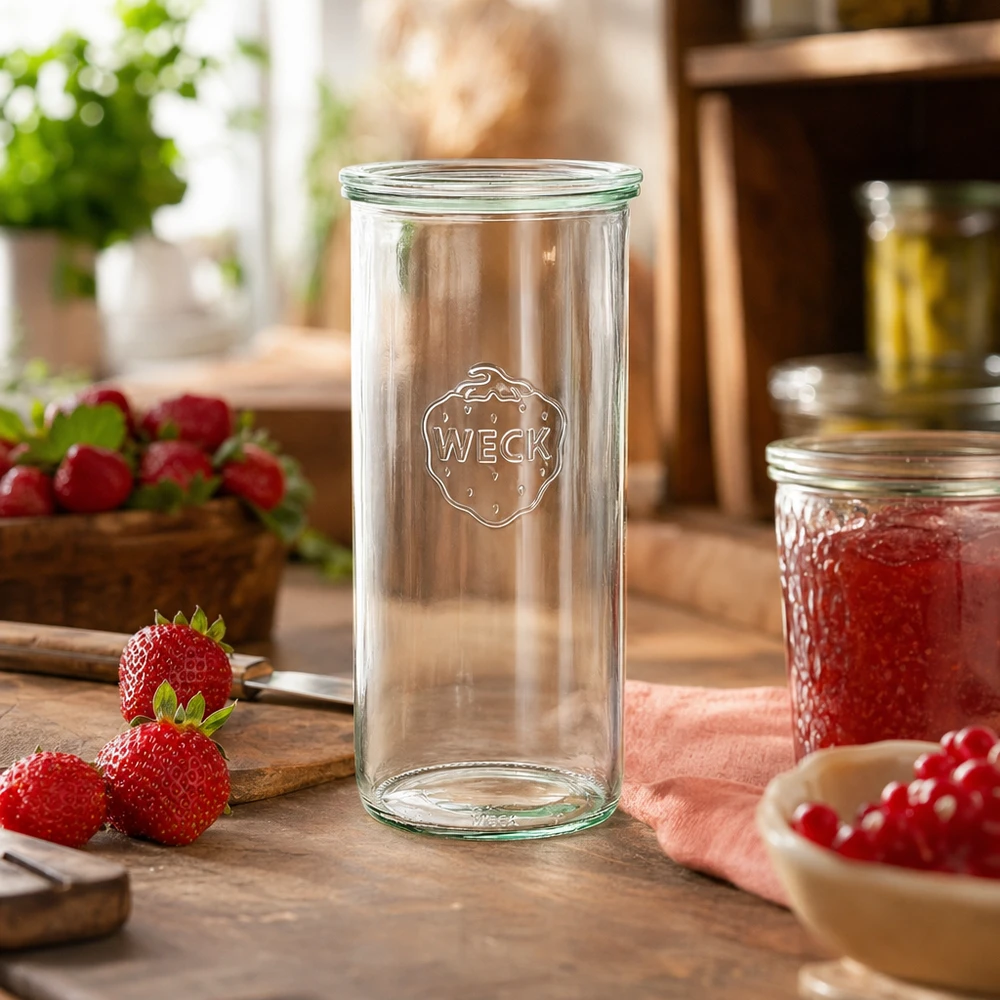 WECK 1500 ml RR100-glas i ett rustikt kök med färska jordgubbar och sylt som dekoration