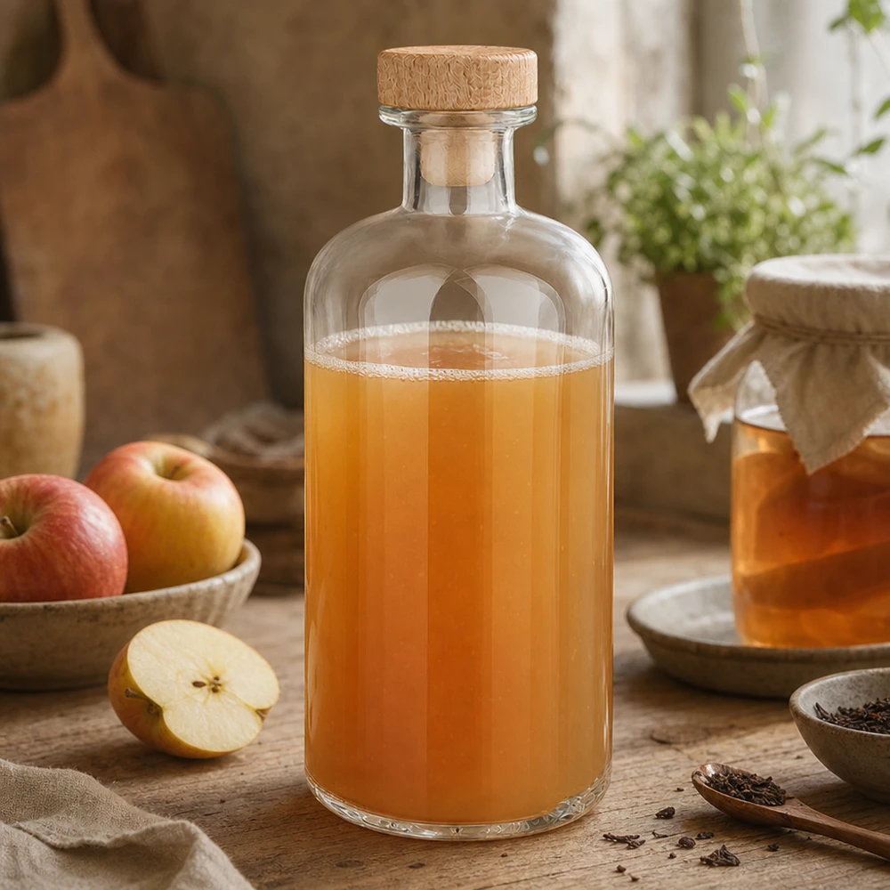 500 ml Apoteksflaska Flora med kork med trähandtag UNiTWIST® Glasflaska Flora 500ml fylld med äppelvinäger mellan färska äpplen och kryddor på träbord rustikt kök