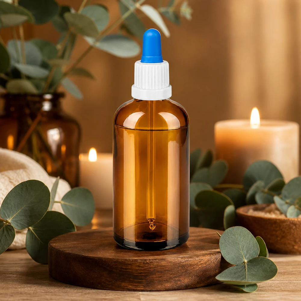 100 ml pipettflaska vit/blå med säkerhetsförslutning BrownLine UT18/100 BrownLine glasflaska 100ml med pipetttillsats i farmaceutkvalitet för eteriska oljor