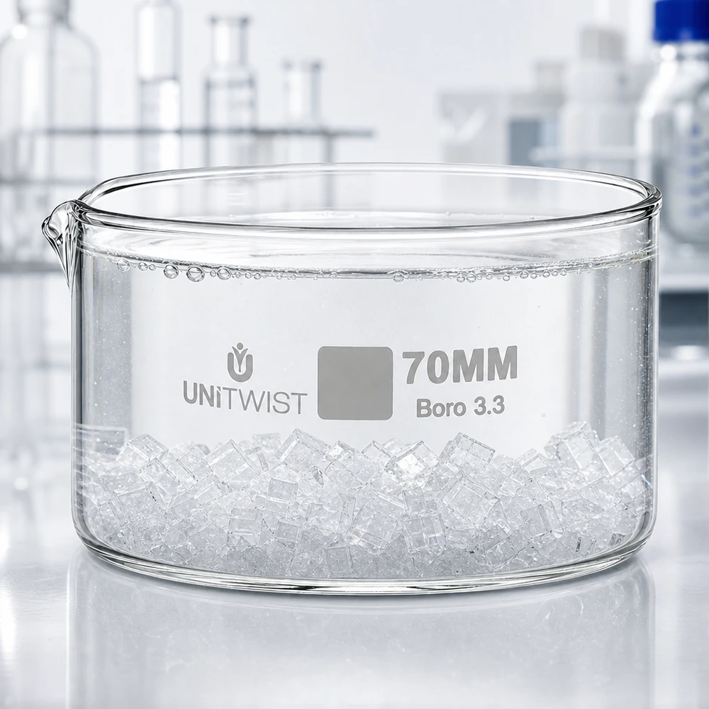 Kristallisationsskål UNiTWIST 70 mm Boro 3.3 fylld med isbitar i laboratoriemiljö
