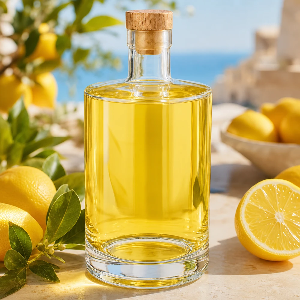 700 ml glasflaska Marie med träkork UNiTWIST® 700 ml glasflaska Marie med gult innehåll och citroner dekorativt placerade på ett träbord utomhus