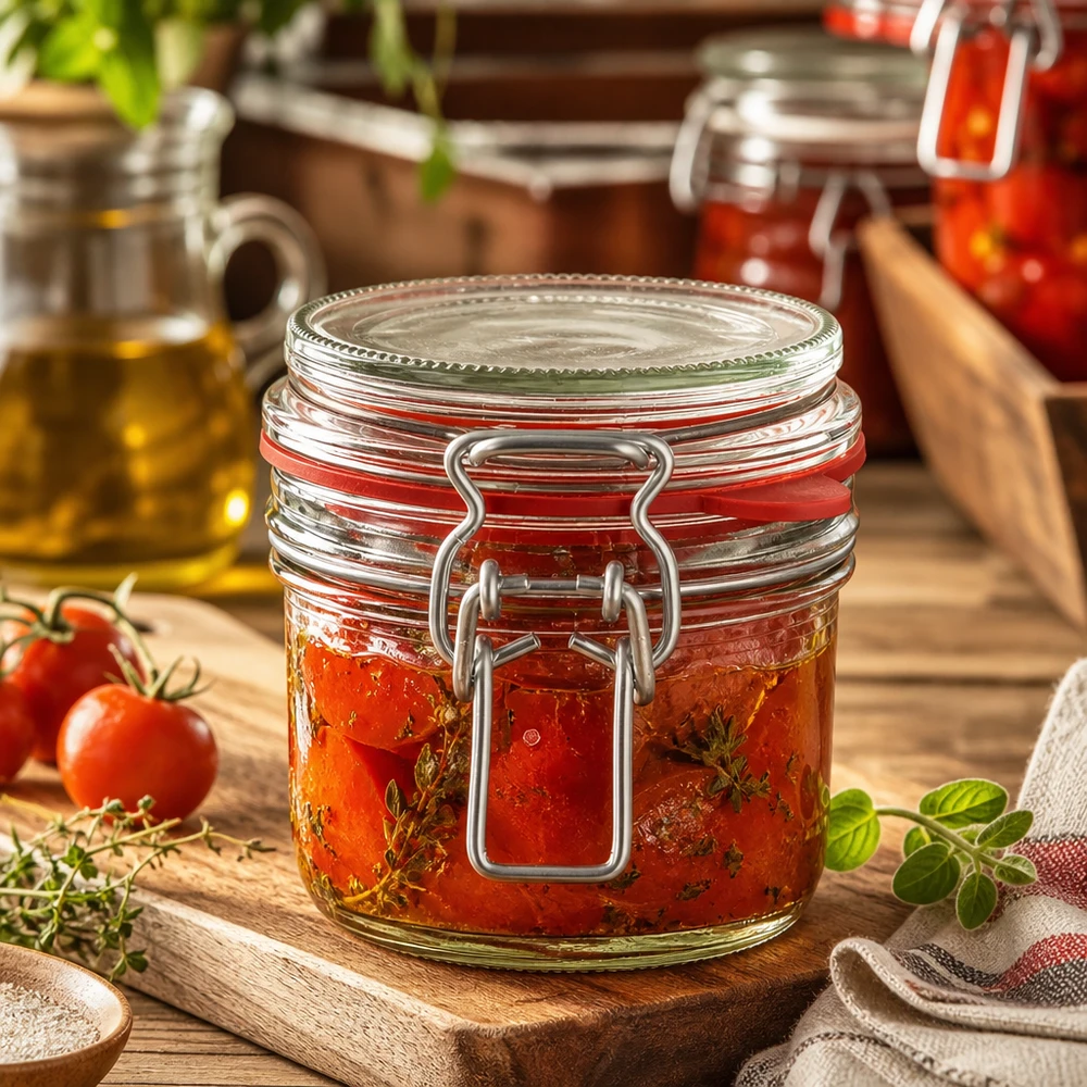 255 ml förvaringsburk av typ G med klämförslutning UN.. Einmachglas 255ml gefüllt mit eingelegten Tomaten und Kräutern, rustikale Küchendeko auf Holzbrett mit frischen Zutaten