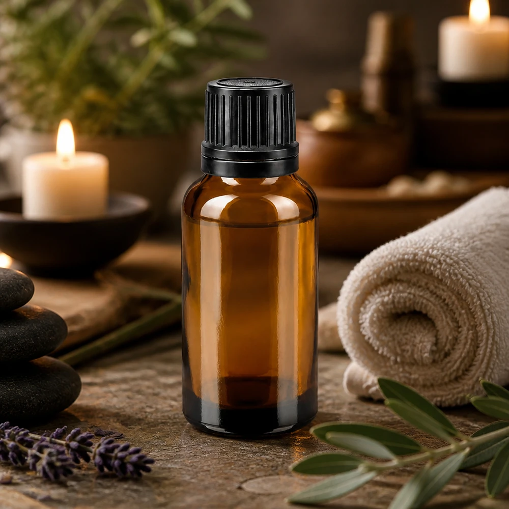Apoteksflaska brun 20ml skruvkork svart hällring tamper-evident stängning Bärnstensfärgad glasflaska på 20 ml med räfflad svart kork för aromaterapi och spa-atmosfär