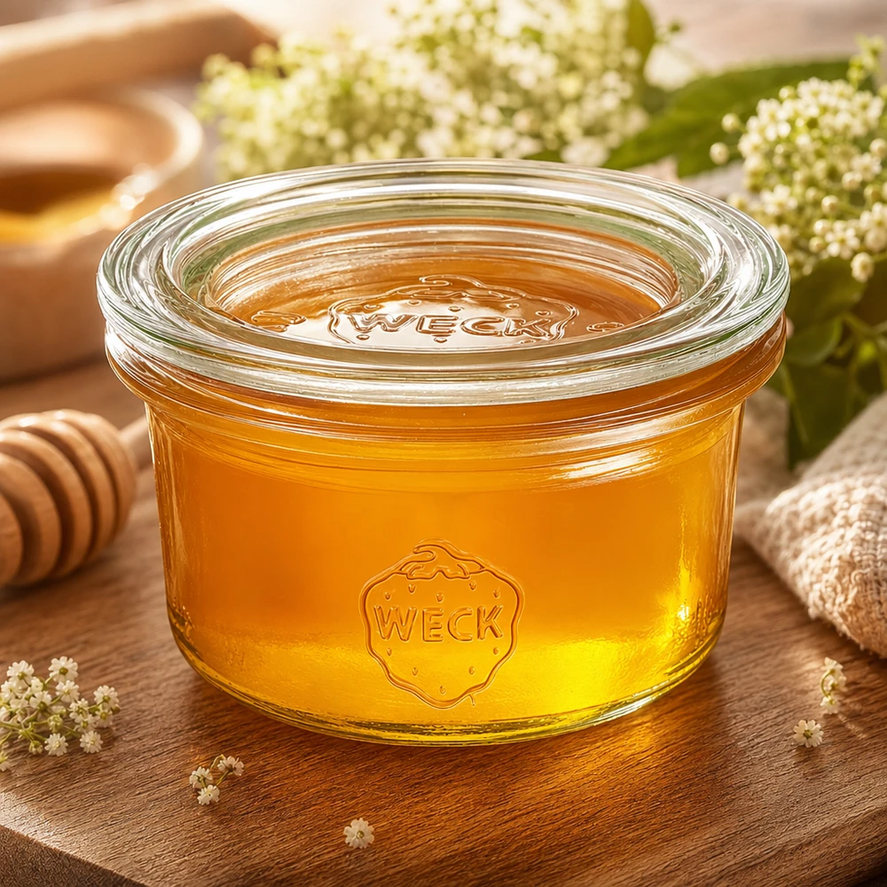 50ml Krossade glasögon med glaslock WECK RR60 WECK tumlare 50 ml fyllda med honung bredvid honungssked och blommor naturligt presenterade på ett rustikt träbord