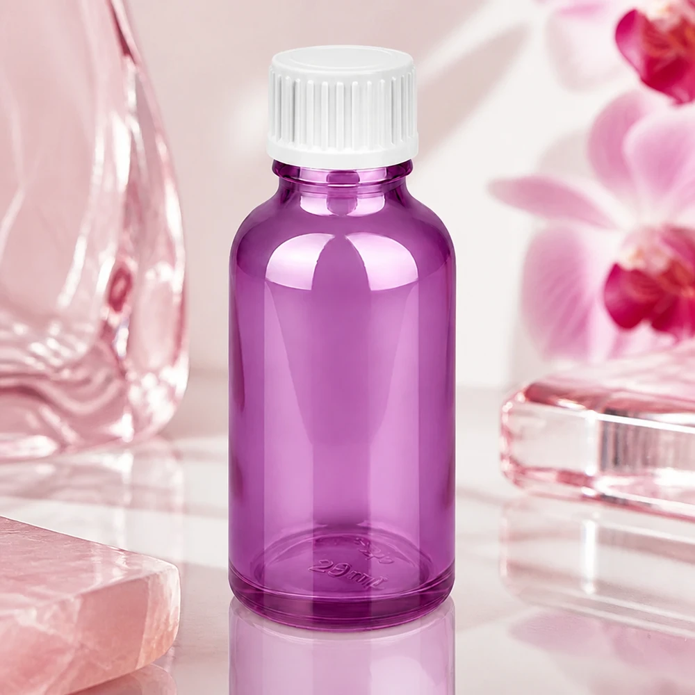 30 ml flaska (glob). 3 mm hällring vit Standard PurpleLine. UT18/30 Liten 30 ml glasflaska i glänsande lila, perfekt för parfym och eteriska oljor