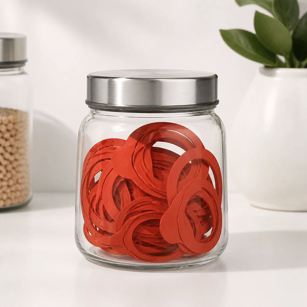 Konserveringsringar RR60 naturgummi orange i glasburk med metallock modern vit köksförvaring tätningsringar
