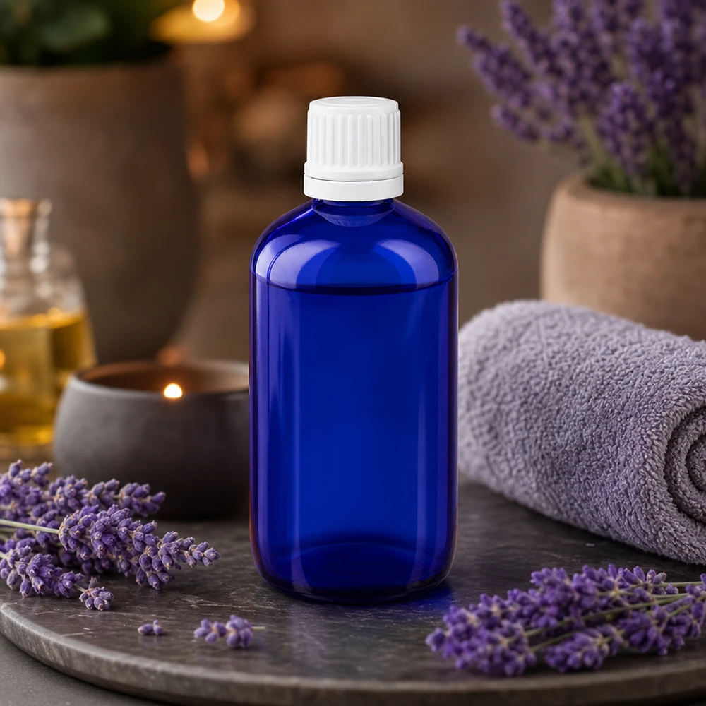 Apoteksflaska blå 100ml droppflaska 1.2mm vit barnsäker förslutning Blå 100 ml ApoGlas-droppflaska med vit OV-kork bland färska lavendelkvistar