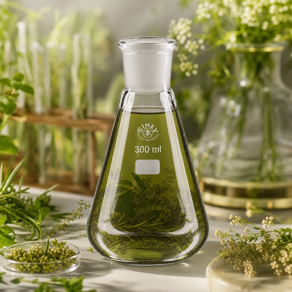 Erlenmeyerkolv 300ml med standardslipad fog (29/32) Erlenmeyerkolv 300 ml med gröna örter och växtextrakt för botaniska laboratorieexperiment