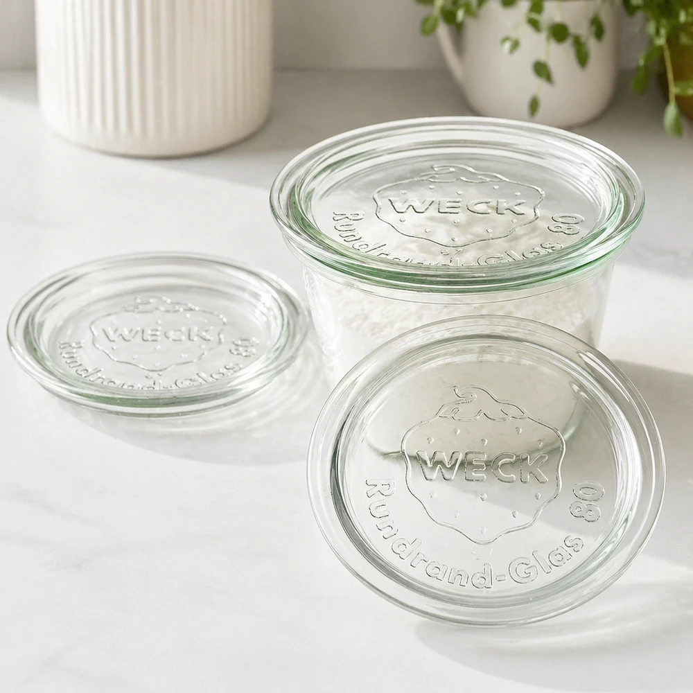 WECK glaslock RR80 WECK Glasdeckel RR80 Set mit drei Deckeln auf weißer Oberfläche in moderner Küche für stylische Aufbewahrung