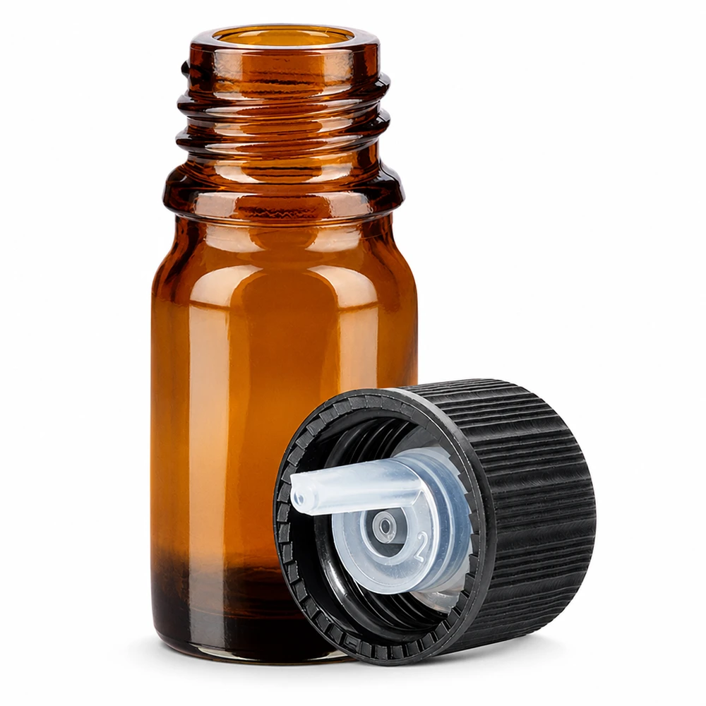 5ml droppflaska 1mm svart standardförslutning BrownLine UT18/5 Brun glasflaska 5ml med 1mm droppöppning för eteriska oljor och tinkturer