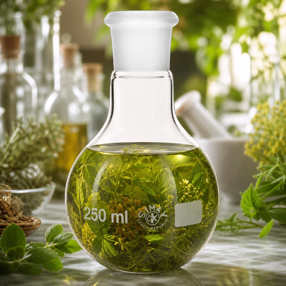 Höftkolv 250ml med standardslipad fog (29/32) Destillationskolv 250 ml med slipad standardfog 29/32 för örtextrakt och botaniska tillämpningar