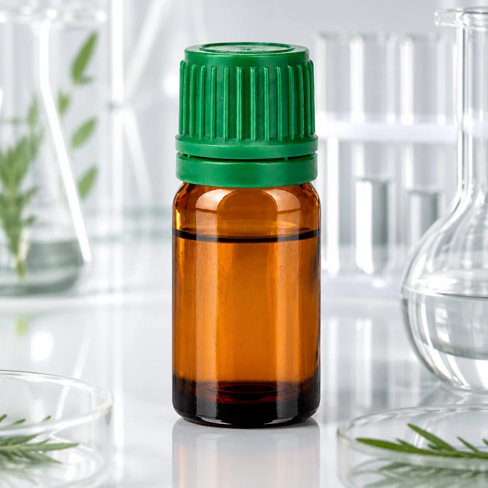 5 ml apoteksflaska i bärnstensfärgat glas med räfflat grönt lock för laboratoriebruk