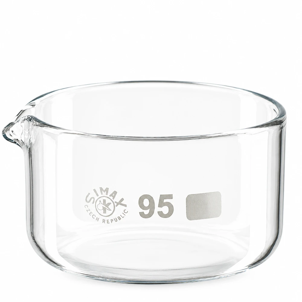 300ml kristalliseringsskål med pip borosilikat ø95mm Kristalliseringsskål 300 ml av borosilikatglas med utlopp, diameter 95 mm, från SIMAX