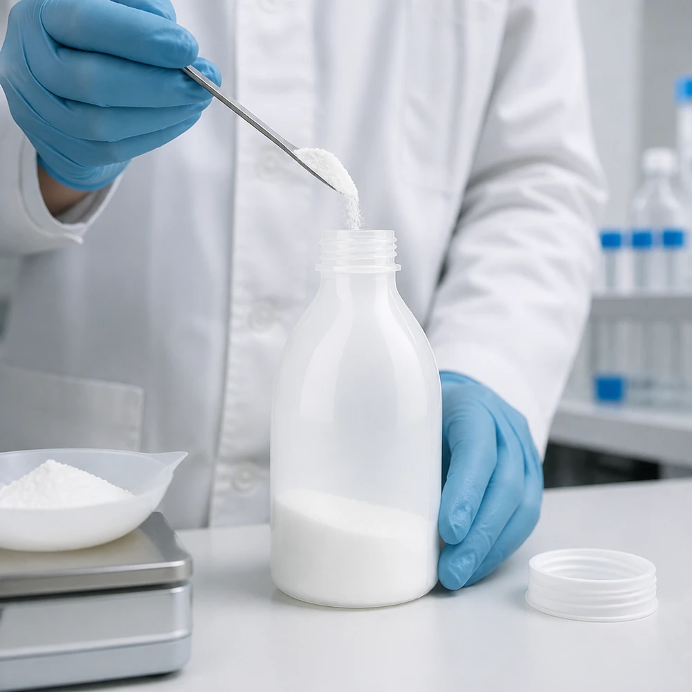 250ml laboratorieflaska med smal hals utan lock 250 ml laboratorieflaska med smal hals, vit HDPE-plast, öppen vid påfyllning av vitt pulver