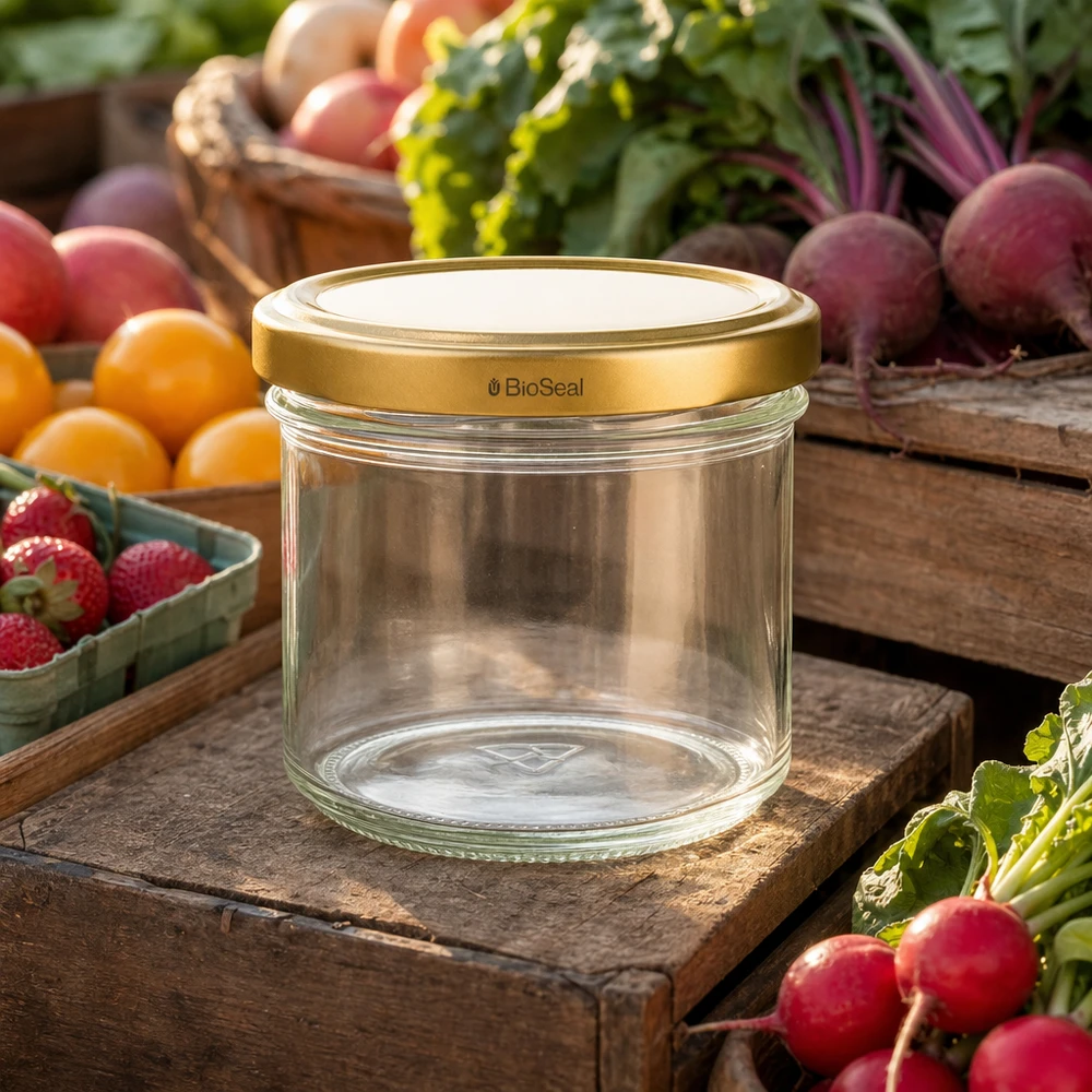 125 ml Krossade glasögon med UNiTWIST BioSeal-lock i guld UNiTWIST 125ml Einmachglas leer mit goldenem TO66 Deckel - umgeben von frischem Gemüse und Obst auf Holzbrett