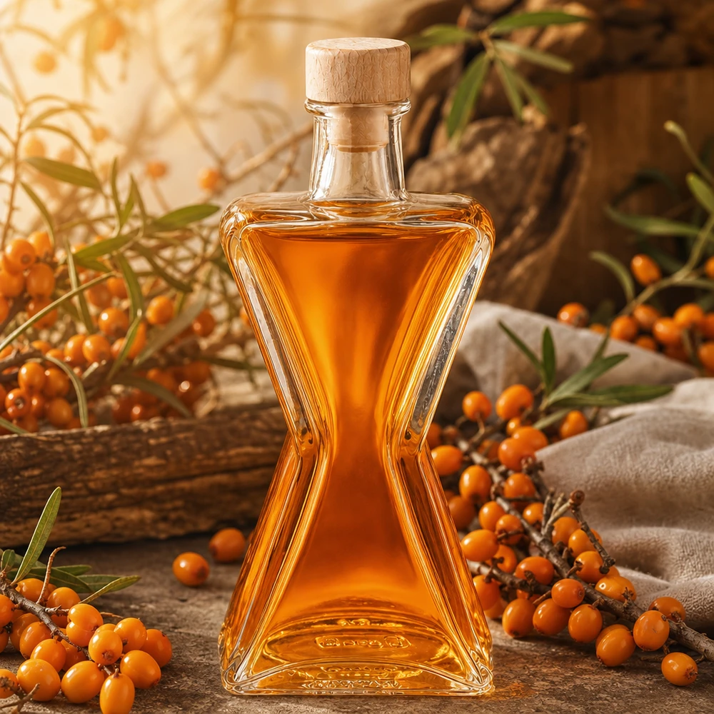 200 ml glasflaska Star med kork med trähandtag UNiTWIST® 200ml Glasflasche Star mit Sanddornöl gefüllt - Holzkorken UNiTWIST perfekt für Kräuteröle und Essenzen