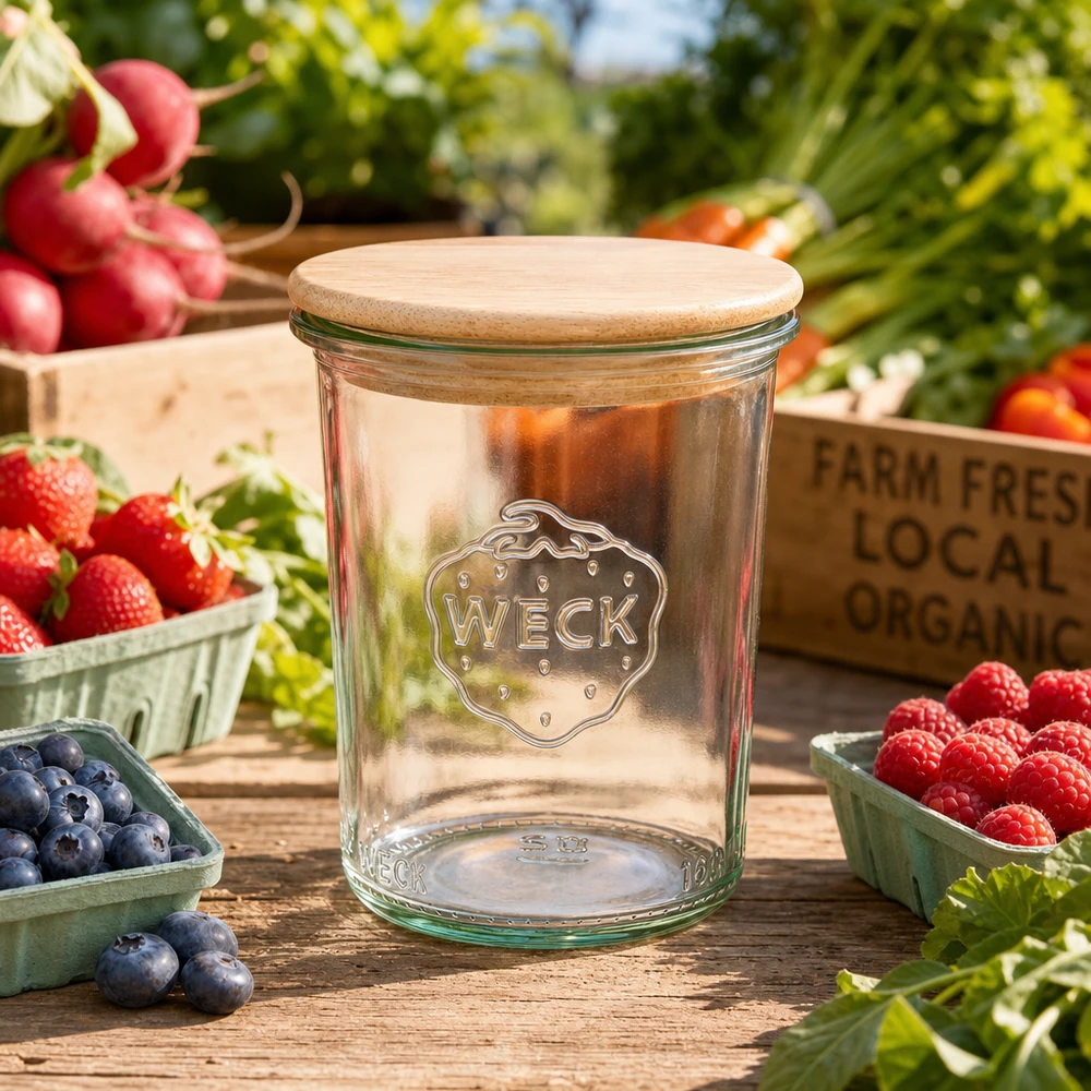 160ml WECK RR60 Krossade glasögon med trälock WECK konserveringsburk 160ml RR60 mellan färska bär och grönsaker på träbord naturlig köksdekoration