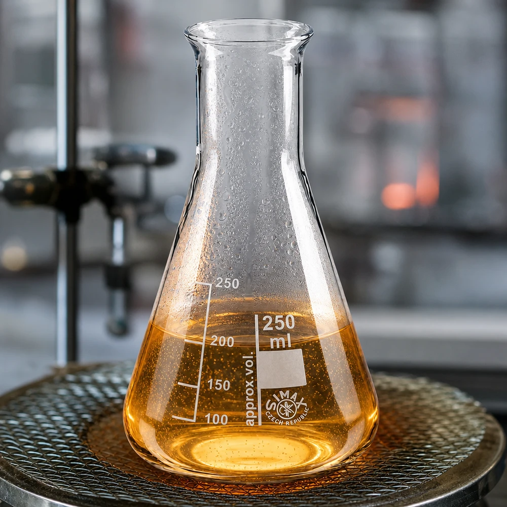 Värmebeständig Erlenmeyerkolv 250 ml av borosilikatglas med bärnstensfärgad lösning