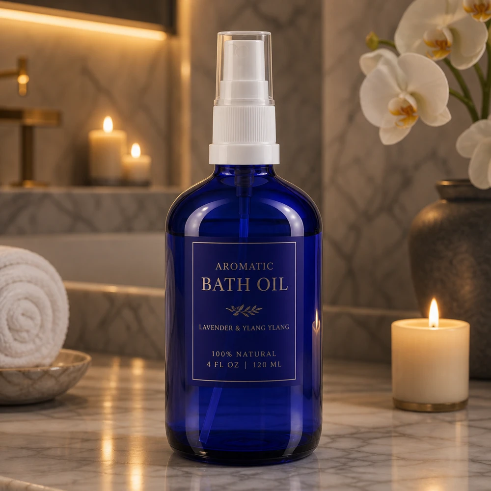 Blå 100 ml sprayflaska av UV-skyddande glas med vit pump för eteriska oljor och aromaterapi