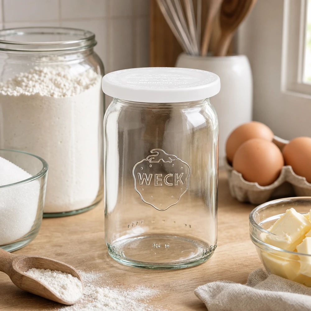 145 ml cylinderburk med lock för färskhet. WECK RR40 WECK RR40 cylindrisk burk 145 ml med vitt lock på träbräda bredvid bakingredienser som ägg, mjöl och smör