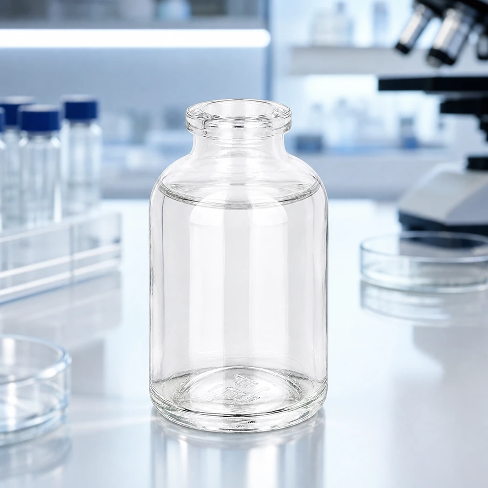 Injektionsflaska klarglas 50ml Kleines 50ml Laborgefäß aus Klarglas neben Petrischalen und Reagenzgläsern
