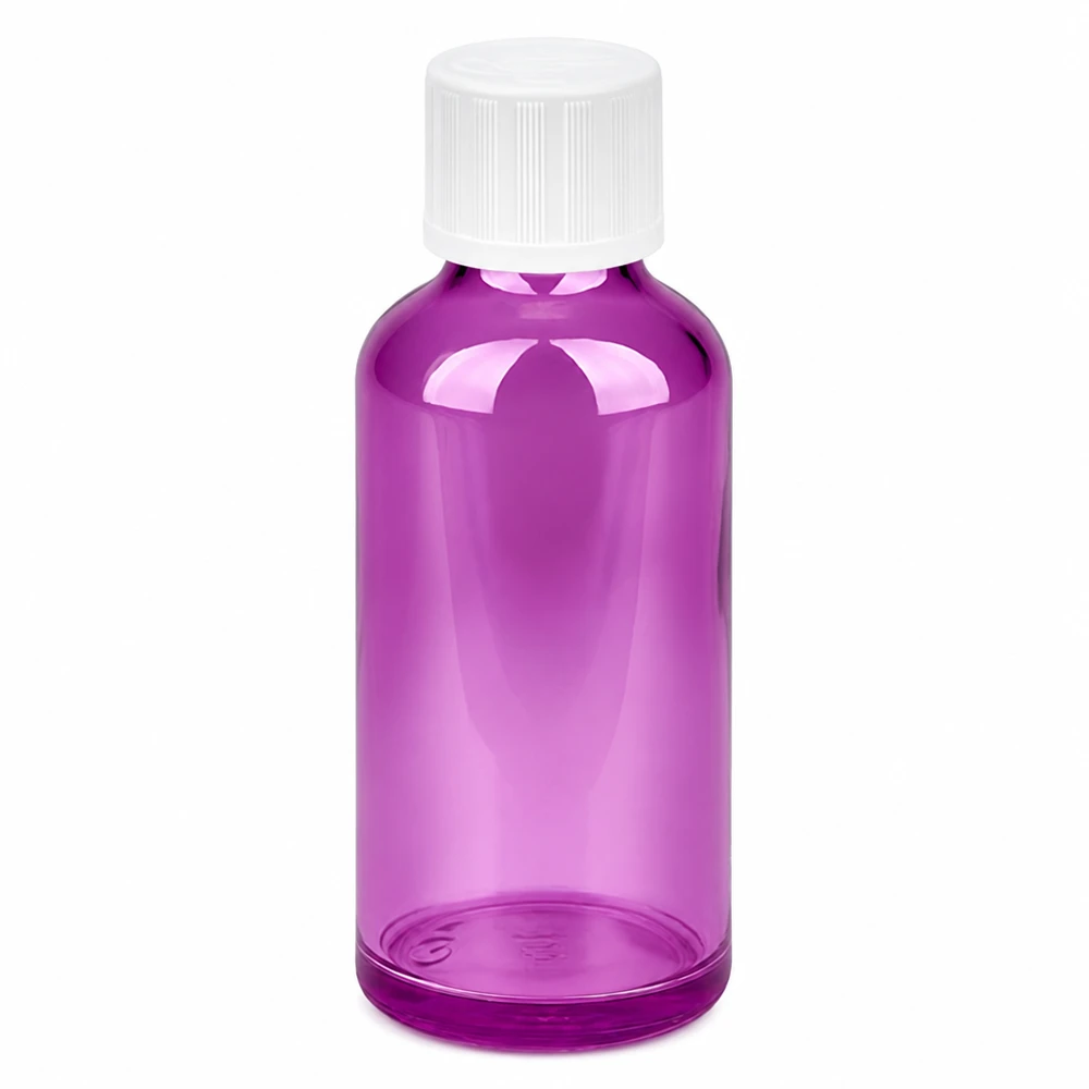 50ml droppflaska 1,2mm vit Standard Barnsäker PurpleLine.UT18/50 50 ml droppflaska i plast i lila med vitt skruvlock och 1,2 mm droppöppning