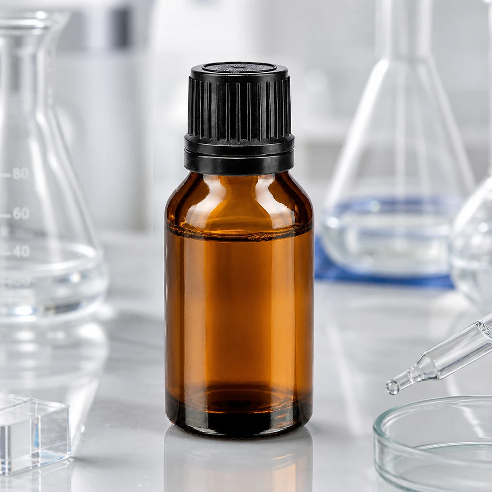 Apoteksflaska brun 15ml med svart skruvkork och svart hällring 15 ml brun glasflaska med svart skruvlock och hällring i laboratoriemiljö