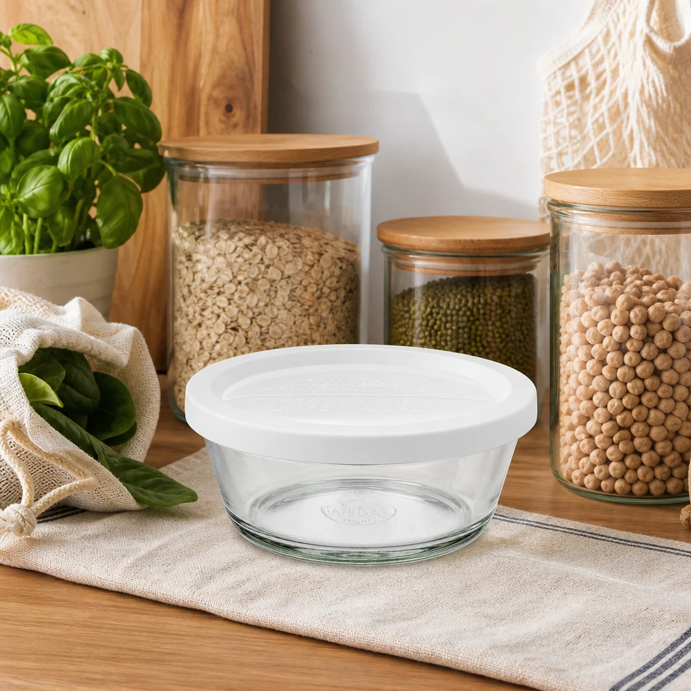 300ml gourmetburk med frisyr. WECK RR120 WECK RR120 Gourmetglas 300ml mit weißem Deckel in natürlicher Küchenumgebung mit Kräutern und Vorratsgläsern
