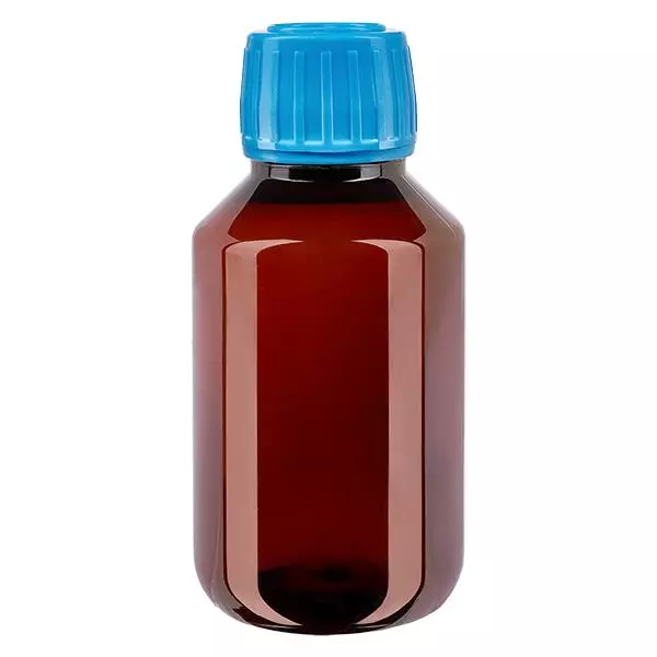 PET-flaska 100ml med blått kapsyl som inte kan manipuleras PET-flaska 100ml med blått kapsyl som inte kan manipuleras