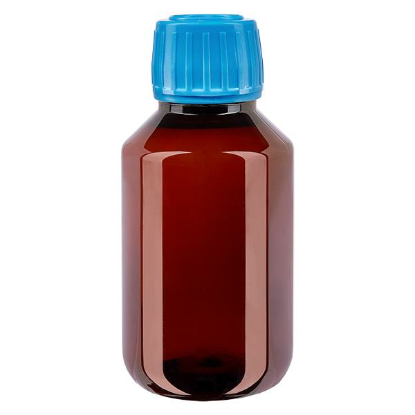 PET-flaska 100ml med blått kapsyl som inte kan manipuleras PET-flaska 100ml med blått kapsyl som inte kan manipuleras